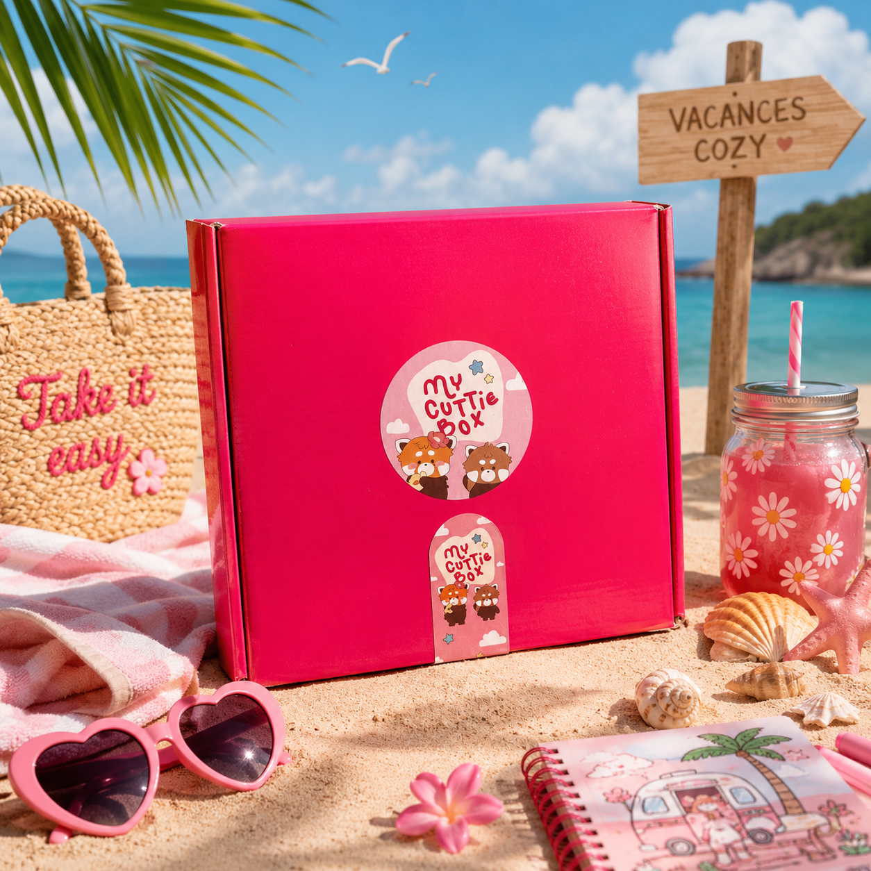 Boîte MyCuttieBox fermée, emballage coral avec nuages et logo